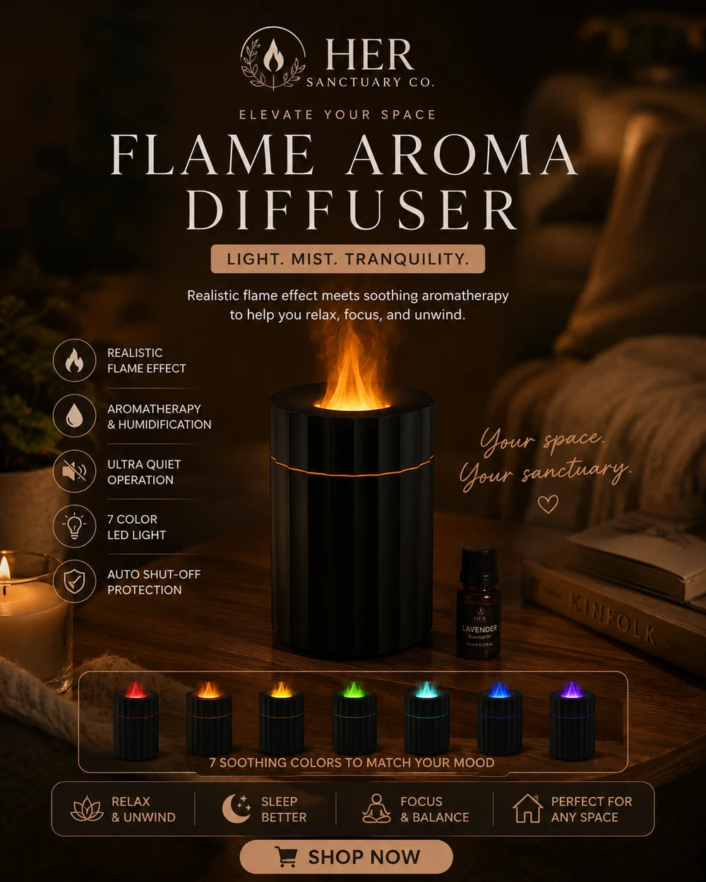 Air Humidifier With Flame Effect Essential Oil Diffuser Quiet Aroma Diffuser Home Fragrances Car Refresh