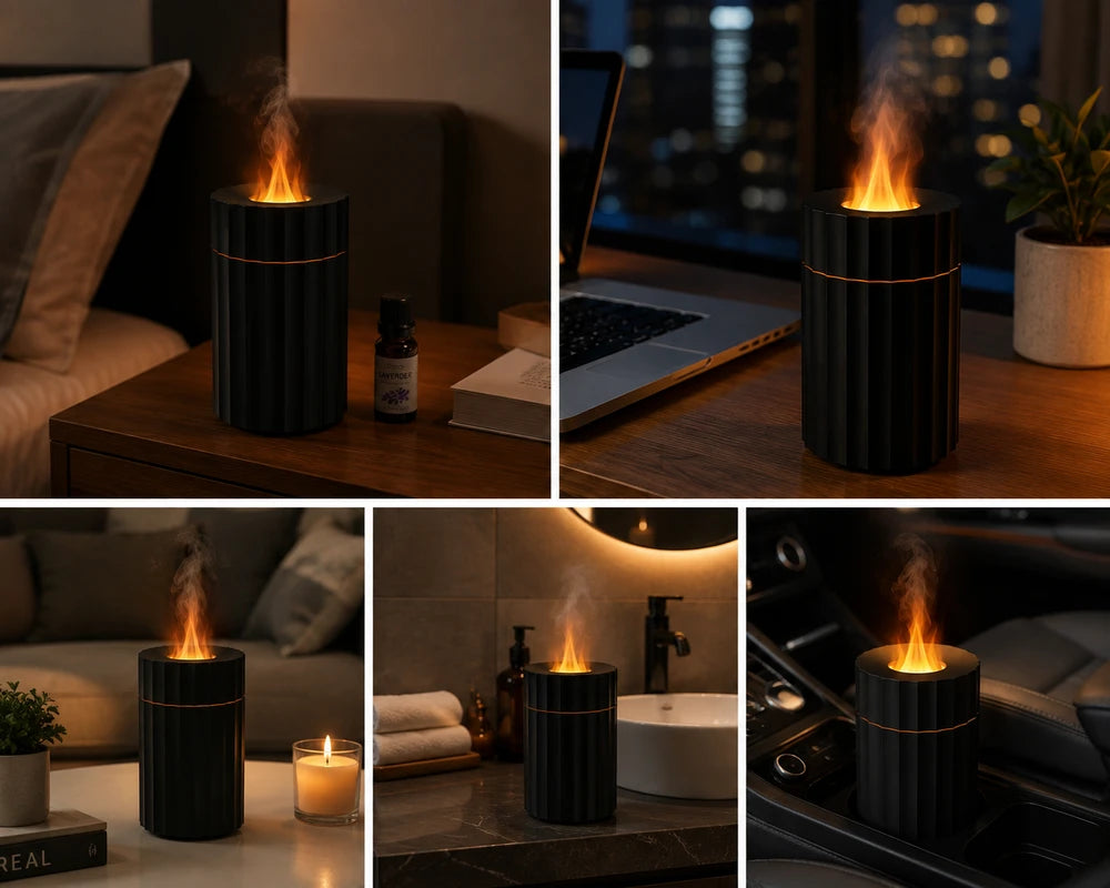 Air Humidifier With Flame Effect Essential Oil Diffuser Quiet Aroma Diffuser Home Fragrances Car Refresh